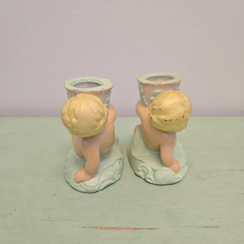 Cherub Candlestick Holders Pair Vintage